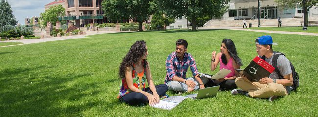 A group of people sitting on the grass.