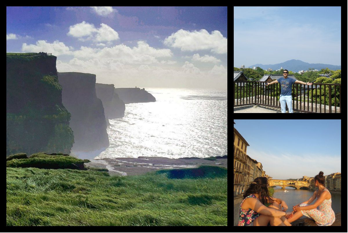 Collage of three images from Ireland, Japan, and Italy: Cliffside by the water, a person standing outdoors with their hands outstretched, and two people sitting overlooking the water.