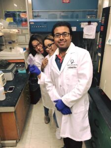 QC Biology PhD student Sounak Ghosh Roy with fellow Zakeri lab student researchers Jessica Jimenez and Joss Montblanc