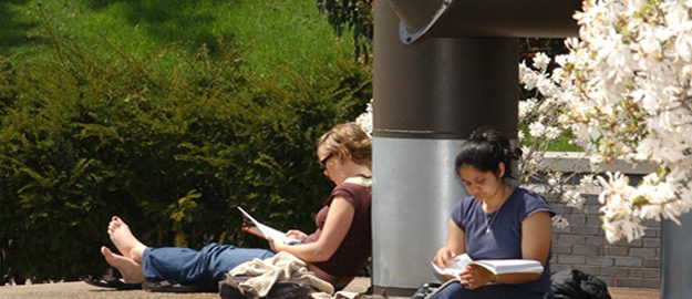 Two people studying outdoors.