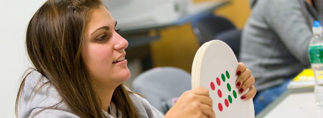 A person holds up a disc that contains different color circles on it.