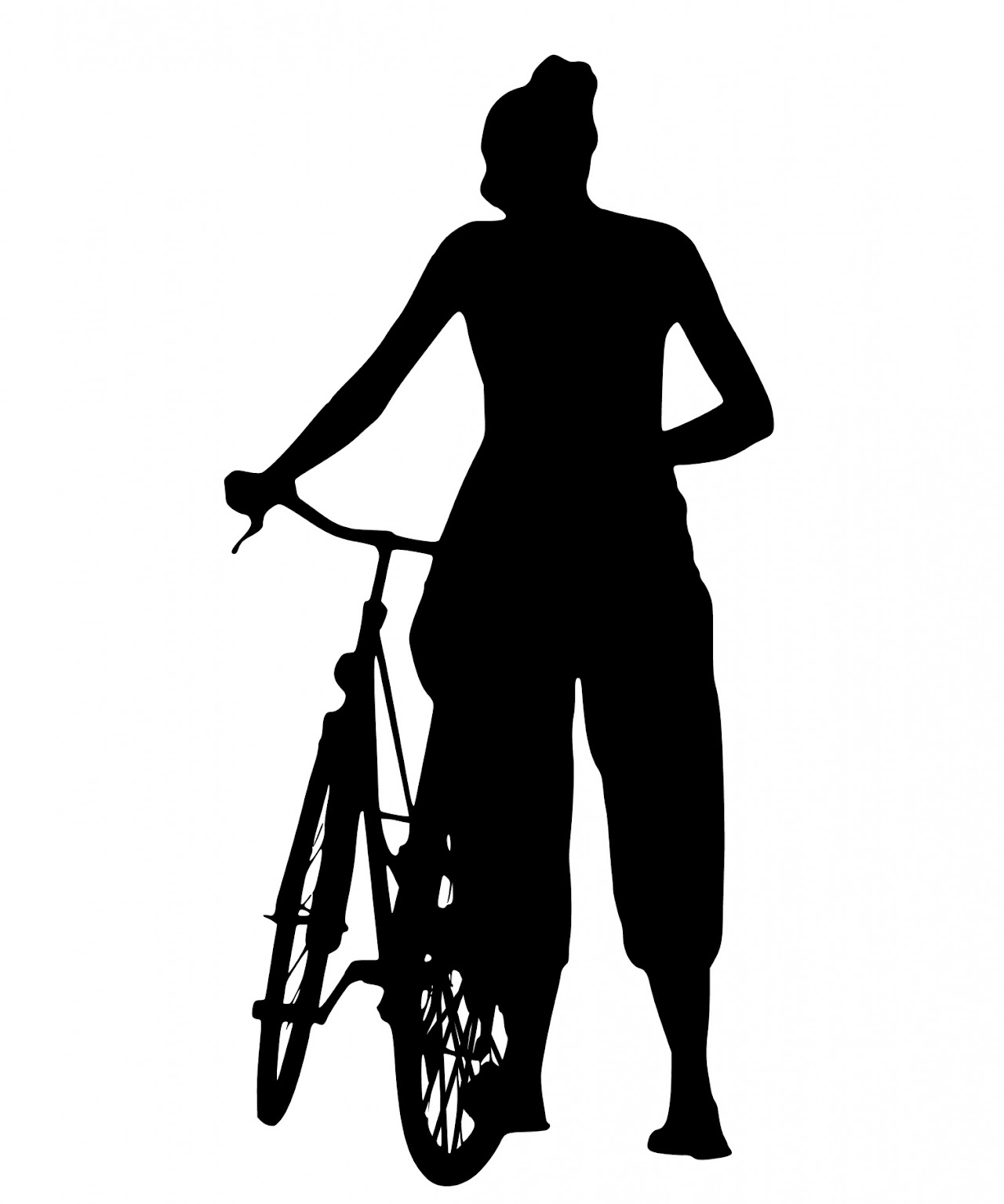 A silhouette of a person and a bicycle.