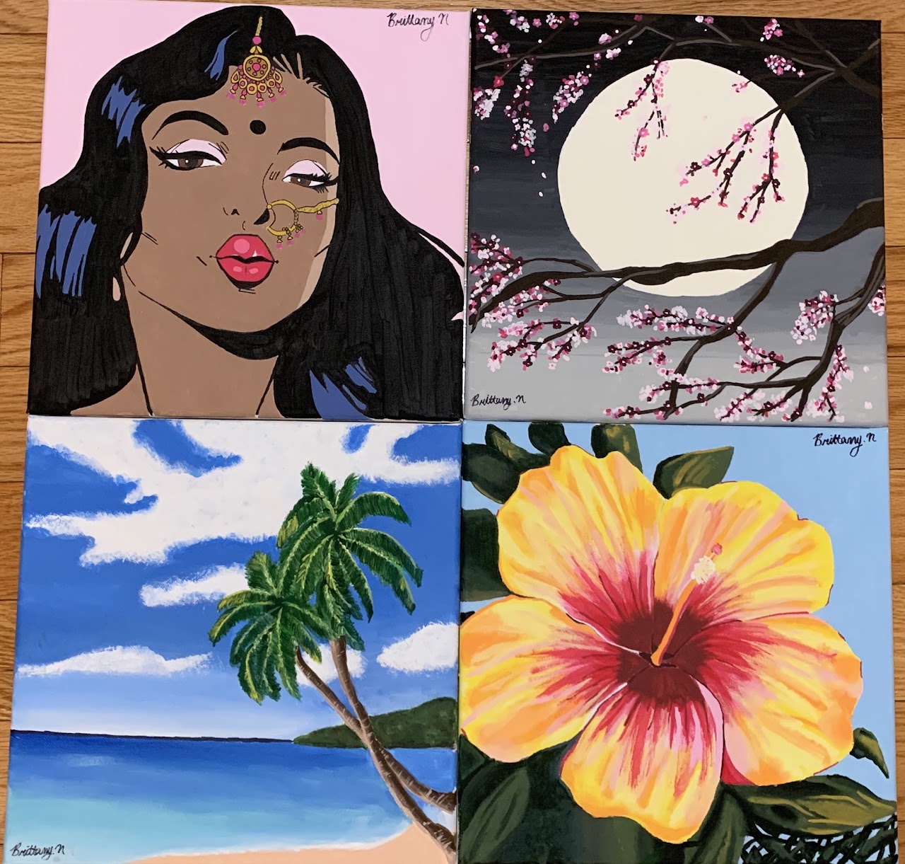 Four featured artworks by Brittany Naraine. From top left to bottom right: A portrait of a person, the moon behind a tree, palm trees at a beach, and a flower.