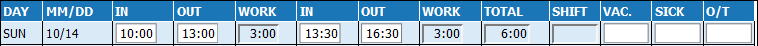 Screenshot of a time sheet entry with a 30-minute break. It is a short shift but entering your hours follow the same format as an 8-hour shift. It is divided with a 30minute break in between.