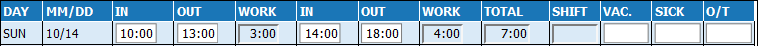 Screenshot of a time sheet entry with the correct entry for a 1-hour break. A user spent 8 hours at work with a one-hour break. They clocked their hours in at two separate locations. The total hours at the end total at 7 hours.