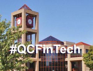 Scenic shot of the Benjamin S. Rosenthal Library with white text on top that reads #QCFinTech.