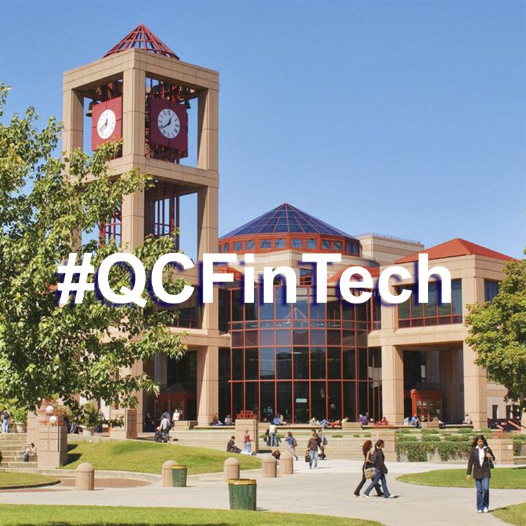 Scenic shot of the Benjamin S. Rosenthal Library with white text on top that reads #QCFinTech.