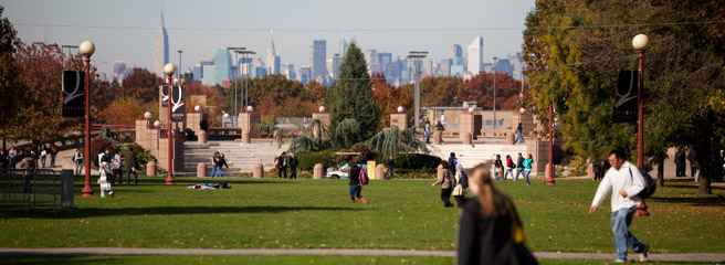 Queens College Campus from the Quad looking at the city skyline.