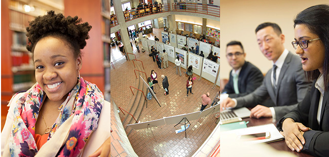 Three images side by side. From left to right: A person smiling at the camera, an overhead view of the downstairs entrance way in the Science Building, and three people sitting side by side at a table.