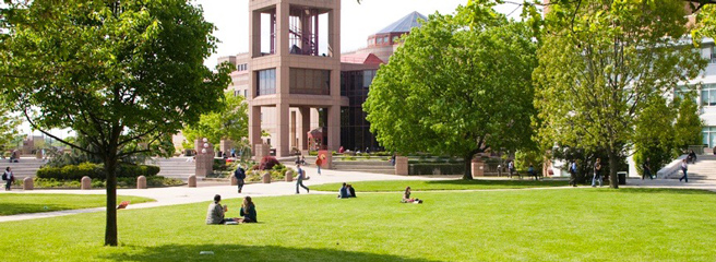 People sitting on the grass or walking on the path at Queens College Campus with Benjamin S. Rosenthal Library in the background.