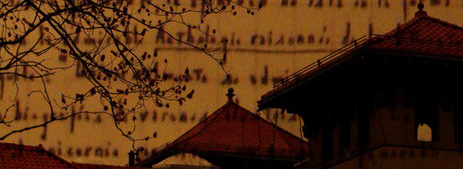 Stylistic photo of building rooftops with a backdrop of written text.