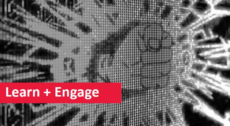 Learn and Engage Banner. The background consists of little lights that form a fist breaking through a glass. The image is in black and white.