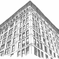 A black and white drawing of a building.