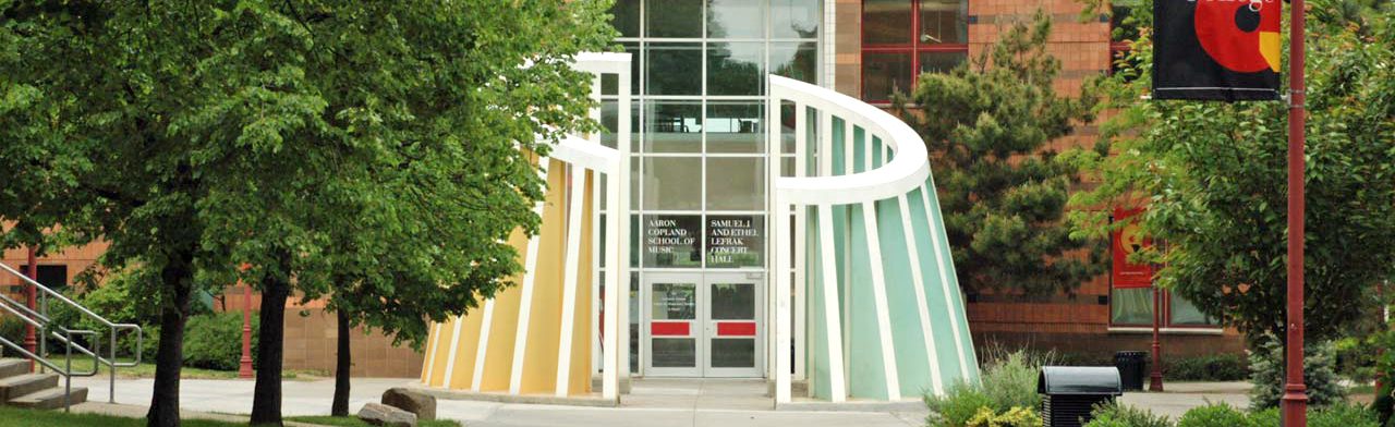 A outside view of an entrance to the Aaron Copland School of Music/ Samuel J. and Ethel LeFrak Concert Hall.