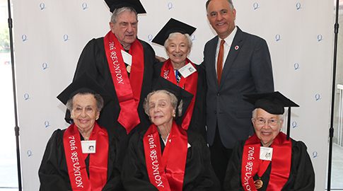Members of the Class of 1946 who attended the June 2 Commencement (clockwise from top left): Leonard Yohay, Estelle Gershman Fruchtman, President Félix Matos Rodríguez, Charlotte Meyrowitz Shapiro, Betty Senatore Cuccurullo, and Rosemarie Cantor Guercia.