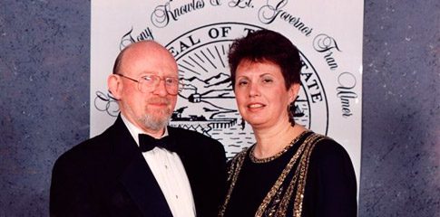 Rose, pictured here with her late husband and fellow alum David Rose at the Alaska Governor’s Ball.
