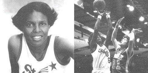 Two photos side by side. On the left, a headshot of Gail Marquis in basketball attire. On the right, Gail Marquis playing basketball. Both photos are in black and white.