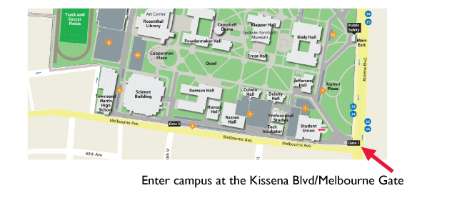 Enter campus at the Kissena Blvd/Melbourne Gate Map