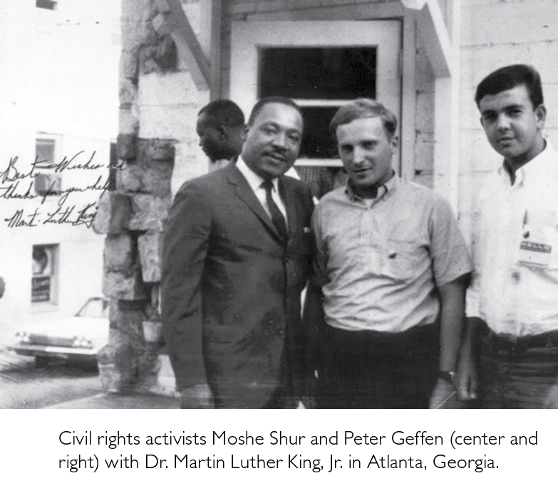 Civil Rights Activists Moshe Shur and Peter Geffen (center and right) with Dr. Martin Luther King, Jr, in Atlanta, Georgia.