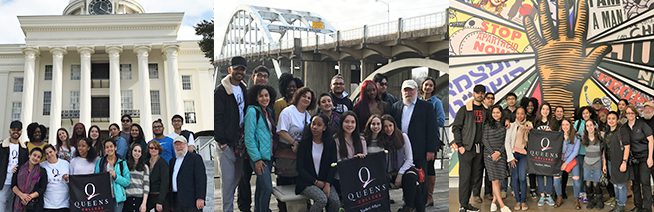 A collage of three images side by side. They are taken at different locations. One person in each of the group photos stands towards the middle and holds up a square banner with the Queens College logo.