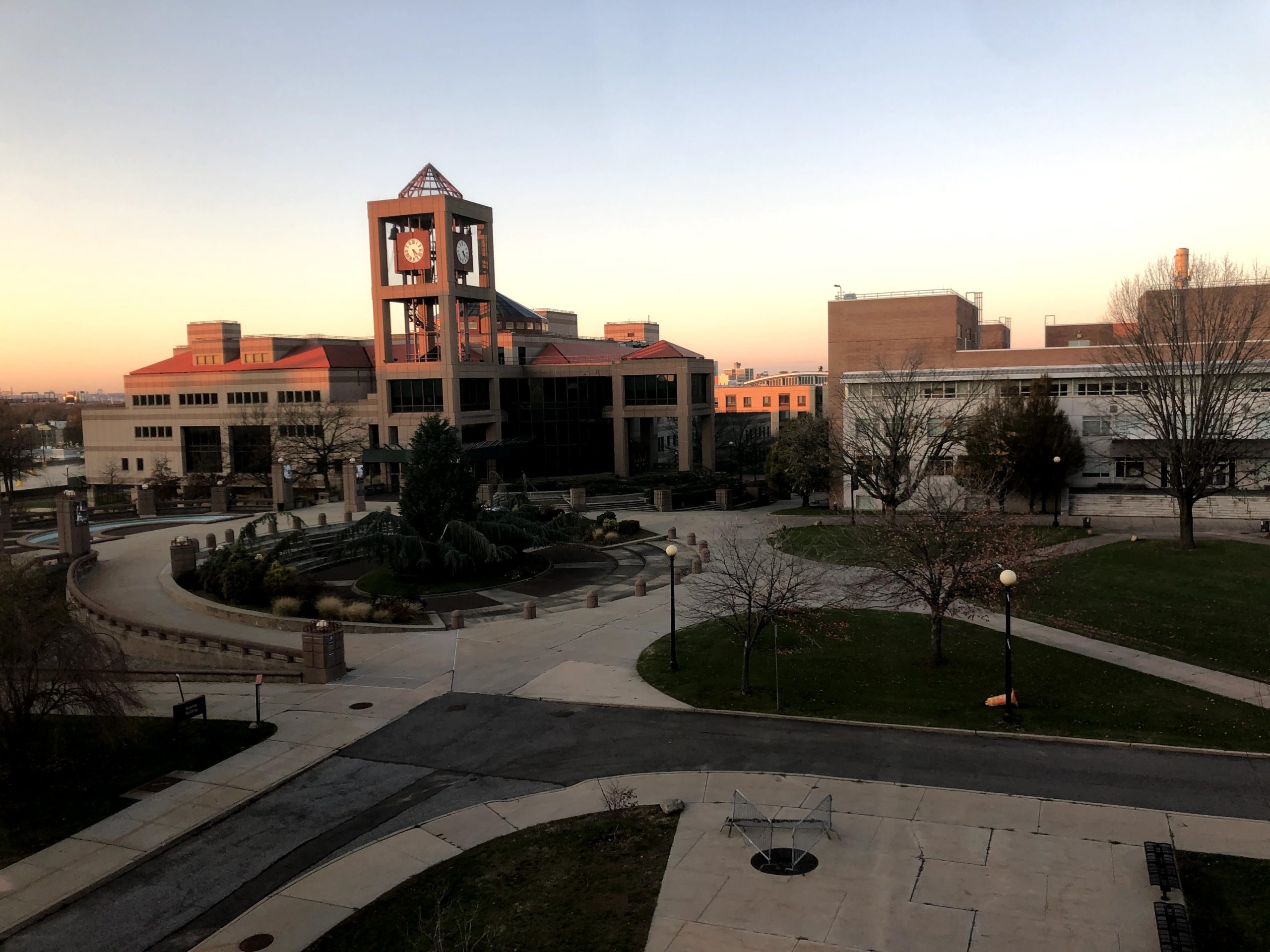 Queens College Library during sunset