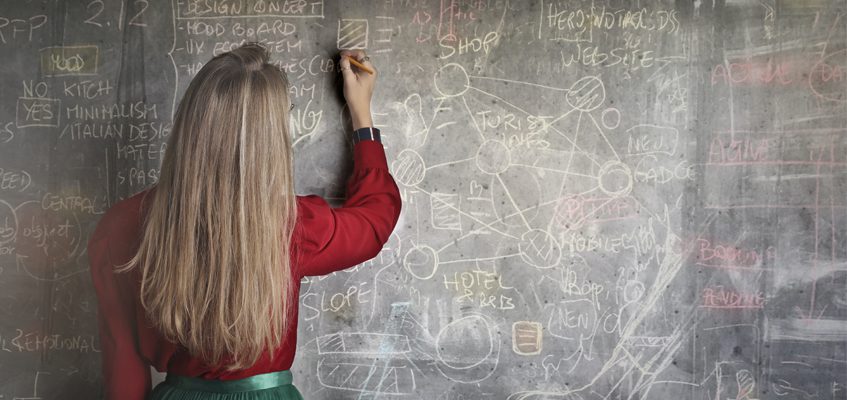 A person writing on the blackboard.