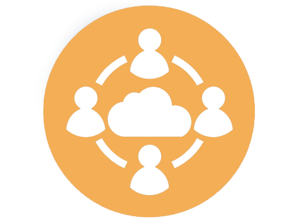 Vector of four people-shaped icons placed in a circle with a cloud in between them.