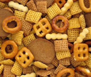A close-up of Chex Mix.