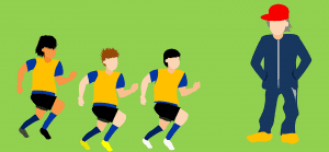 An illustration of three people running on the left and one person standing on the right.