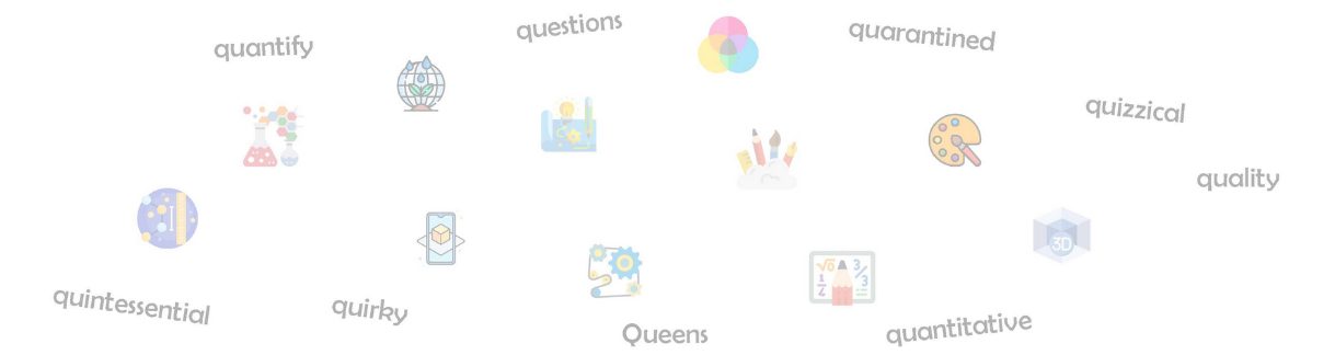 Various colorful vector icons with words written around them that start with the letter Q.