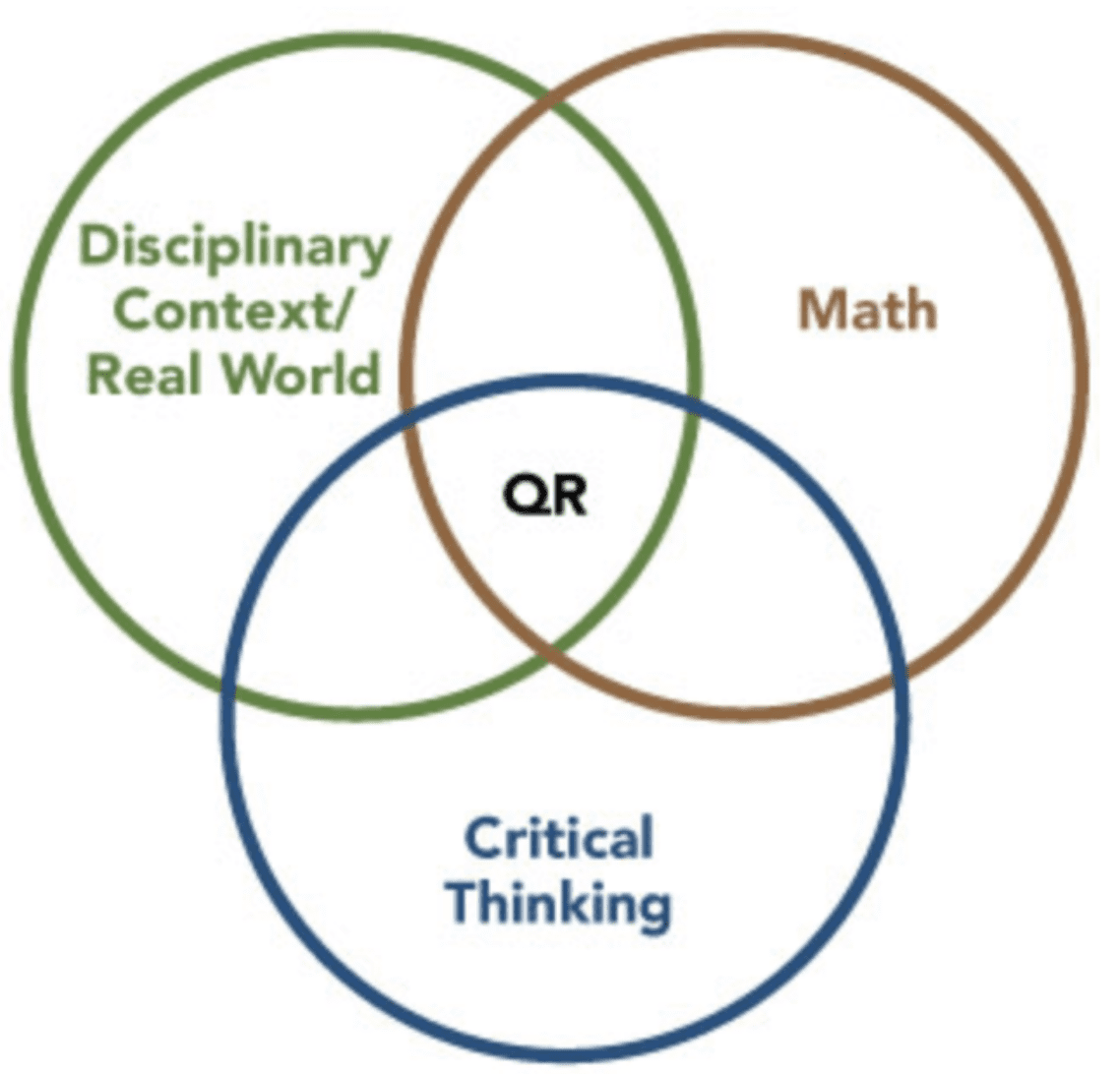 A Venn diagram. Disciplinary Context/Real World, Math, Critical Thinking make up the three outer circles and QR is the inner circle.