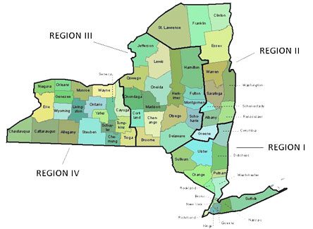 A map of NYS separated into four regions.
