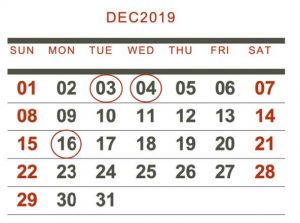 An image of a calendar for December 2019. The following dates are circled “03, 04, 16”.