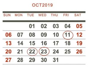 An image of a calendar for October 2019. The following dates are circled “11, 22, 23”.