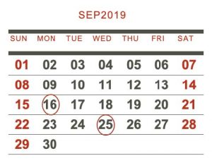 An image of a calendar for September 2019. The following dates are circled “16, 25”.