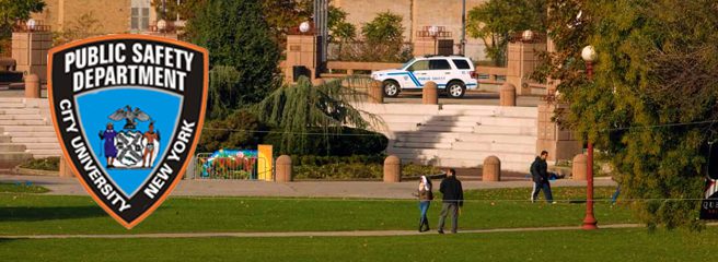 The Public Safety Department badge overlaps the image on the left-hand side. The image features three people standing on a path and surrounded by green grass. The Public Safety vehicle is located up the stairs and is parked by the fountain between Benjamin S. Rosenthal Library and Science Building.
