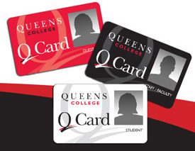 Three QCards in red, black, and white. 