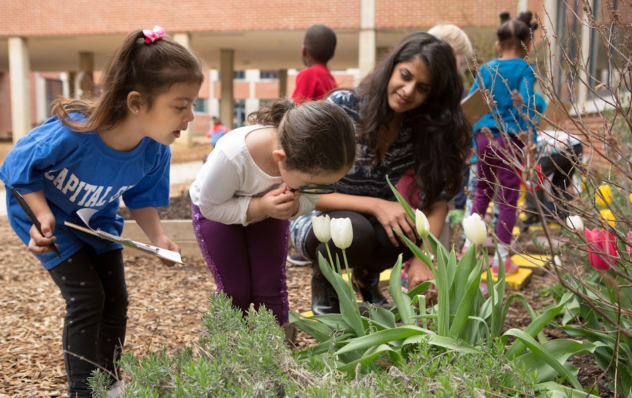 A teacher with two elementary students exploring a garden. One of the students is hold a magnifying glass to a flower.