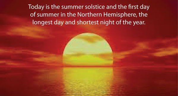 An image of a sunset. The text reads: Today is the summer solstice and the first day of summer in the Northern Hemisphere, the longest day and the shortest night of the year.