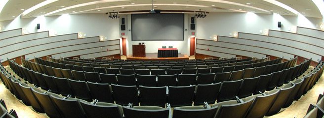 A fisheye lens view of a lecture hall. 