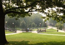 Klapper Circle is a lawn with crisscross paved walkways that meet at the center.