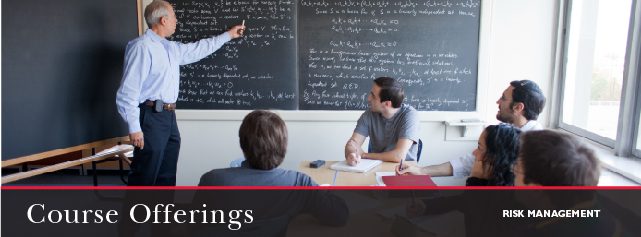 A person writing on a blackboard while a group of people observe him. The text at the bottom reads: Course Offerings Risk Management.