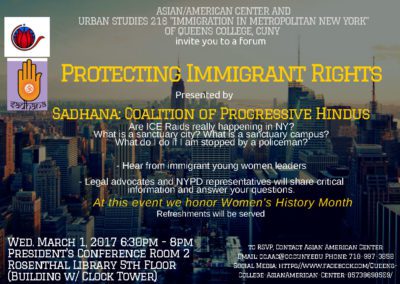 Protecting Immigrant Rights. Presented by Sadhana: Coalition of Progressive Hindus Flyer.