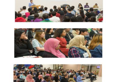 Three photos of the views of the panel discussion and audience.
