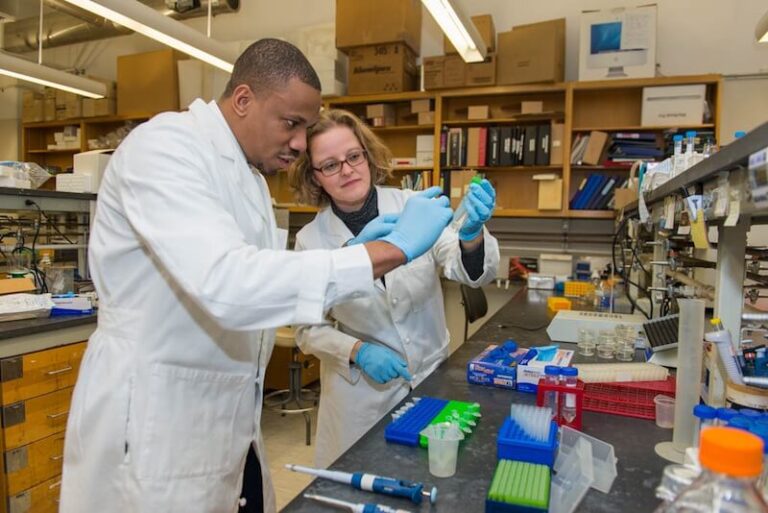 Two people working inside a lab together. Two people working inside a lab together.