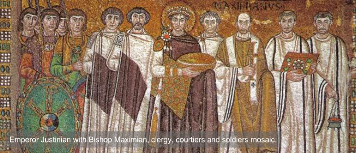Emperor Justinian with Bishop Maximian, clergy, courtiers and soldiers mosaic.