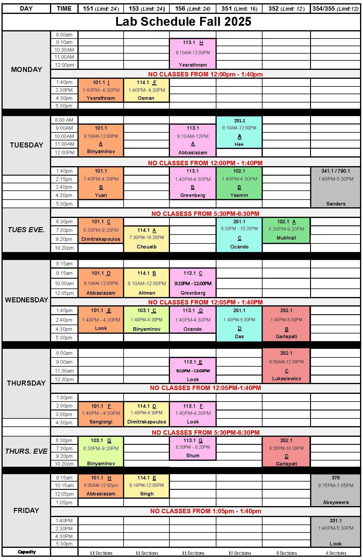Fall 2025 Class Schedule Fall 2024 Lab Schedule