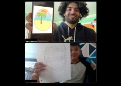 A mentor and their mentee hold up drawings on a video call.