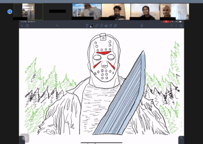 A screenshot of a drawing of Jason from Friday the 13th and the participants of the video call.