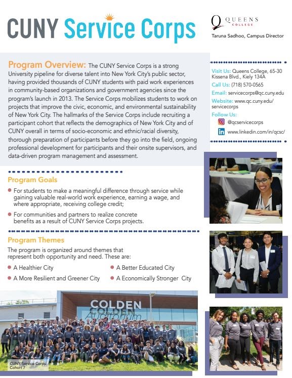 CUNY Service Corps Program Overview, Program Goals, Program Themes, and Contact Information.
